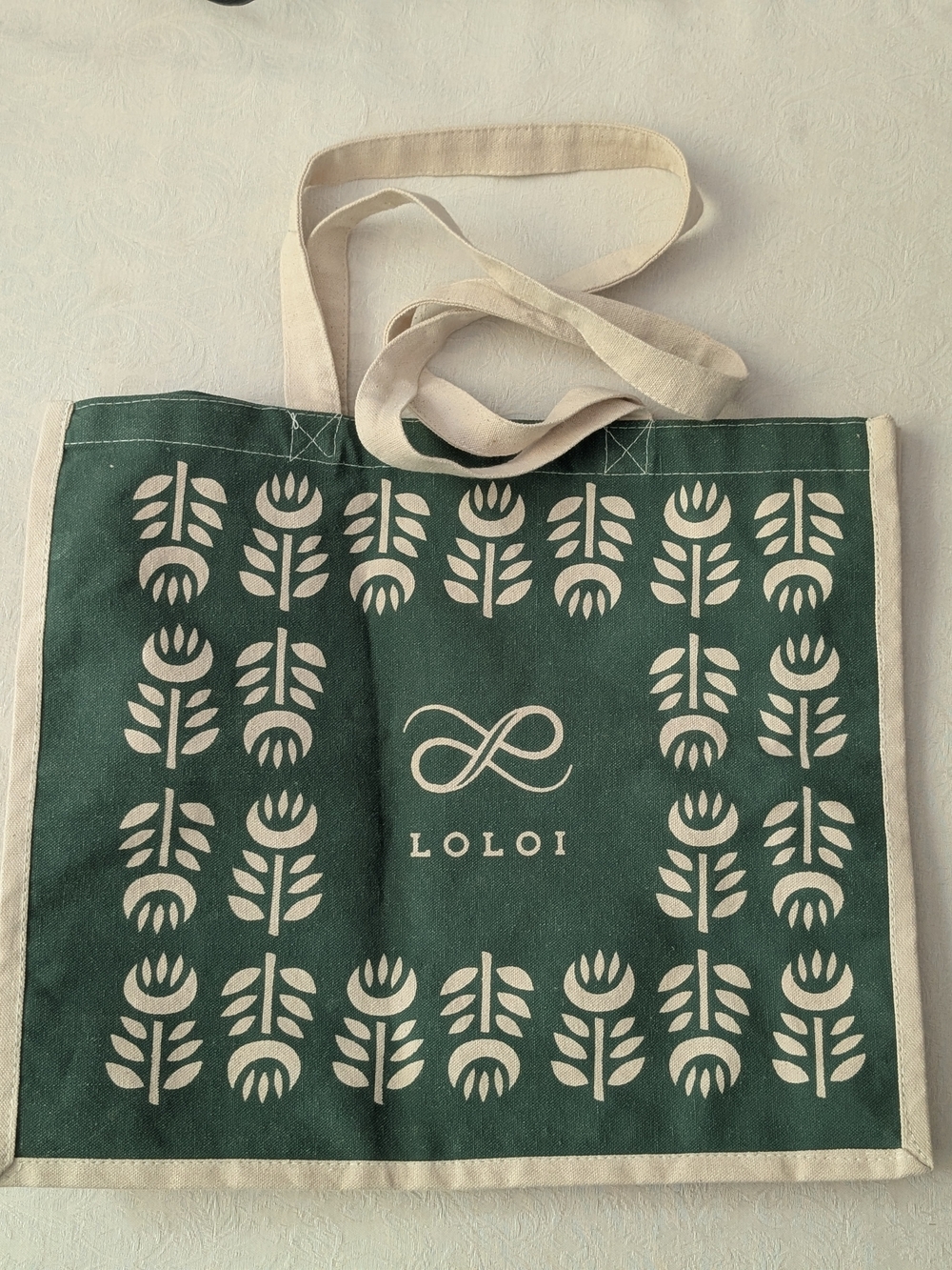 Loloi Canvas Reusable Tote Bag Double Handles Green/White Floral 18x15"
